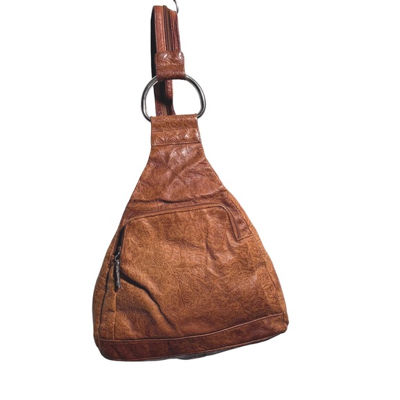Faux Tooled Leather Brown Sling Bag Backpack Purse Boho Retro Western Artsy - Picture 1 of 10